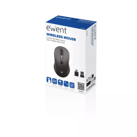 Mouse Sem Fio Ewent EW3204 – Silencioso com Receptor USB-A e Adaptador Tipo-C